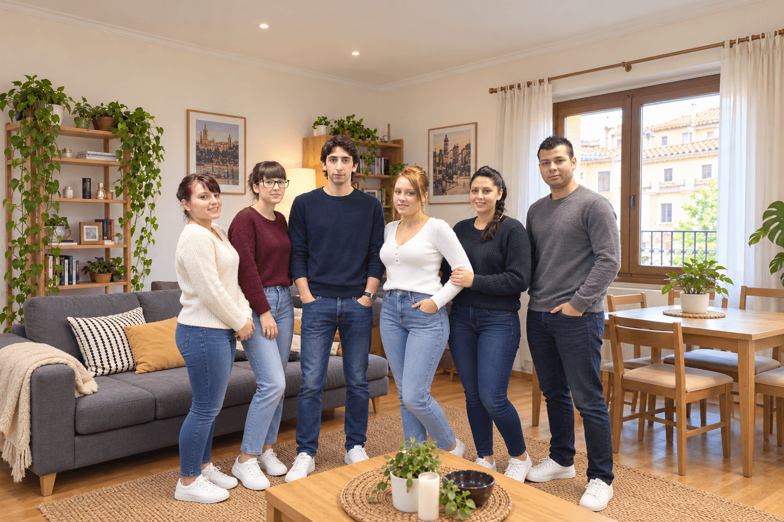 Grupo de estudiantes con ropa informal en el salón de un apartamento compartido.