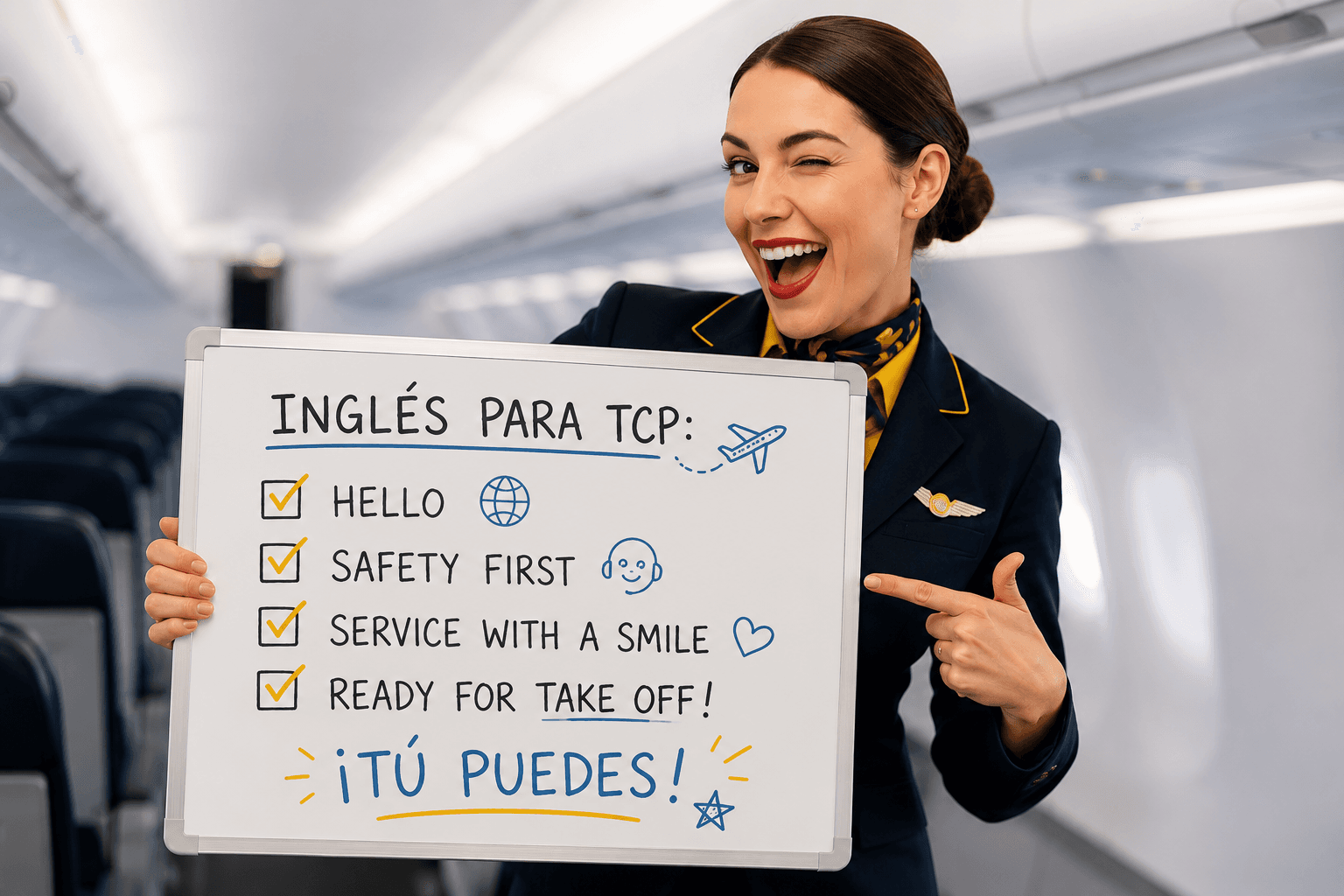 Smiling Cabin Crew student holding a whiteboard with simple English phrases used during onboard passenger service inside an aircraft cabin