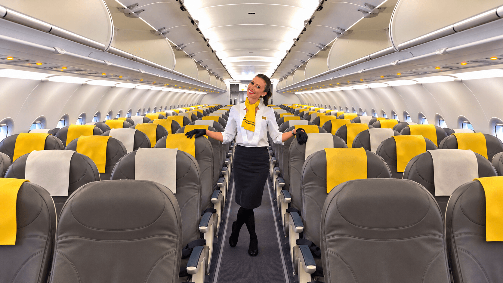 Assistente de bordo a trabalhar na cabine de um avião.