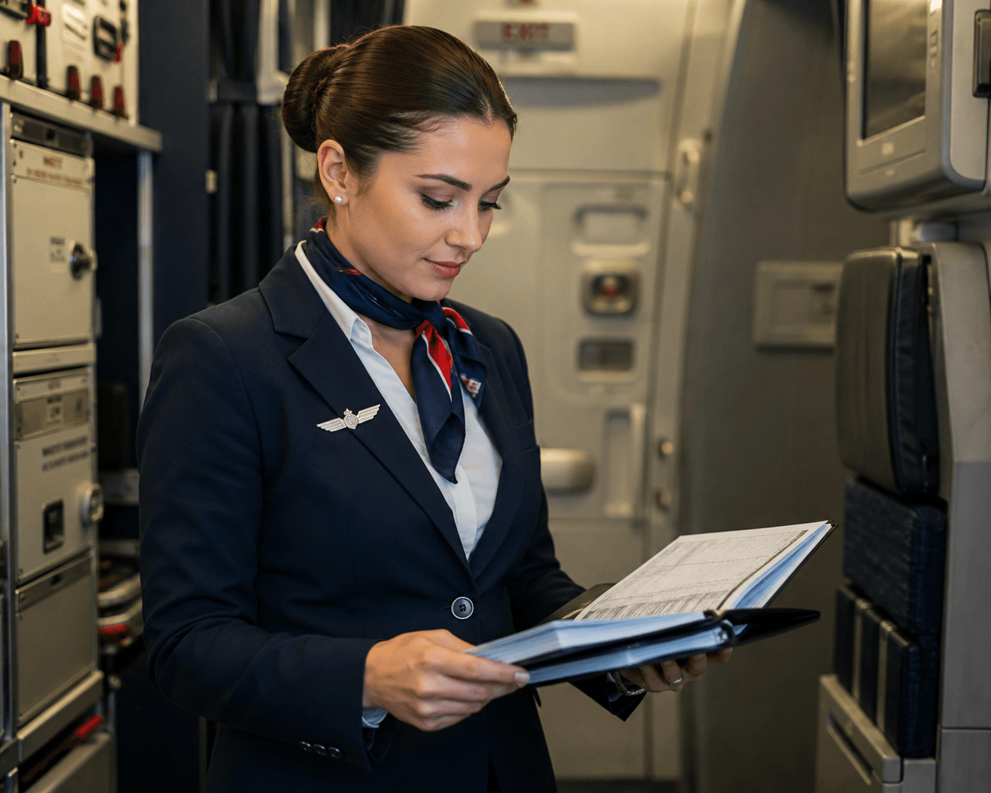 Assistente di Volo che controlla la documentazione di volo prima dell'imbarco dei passeggeri.