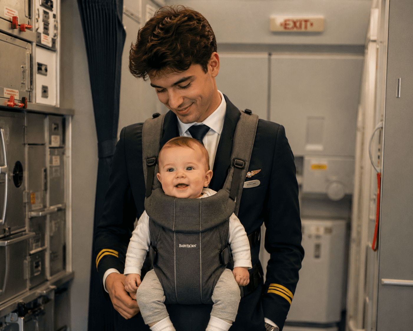 Assistente di volo con un neonato in un marsupio portabebè all'interno di un aeroporto, simbolo della conciliazione tra carriera e famiglia.