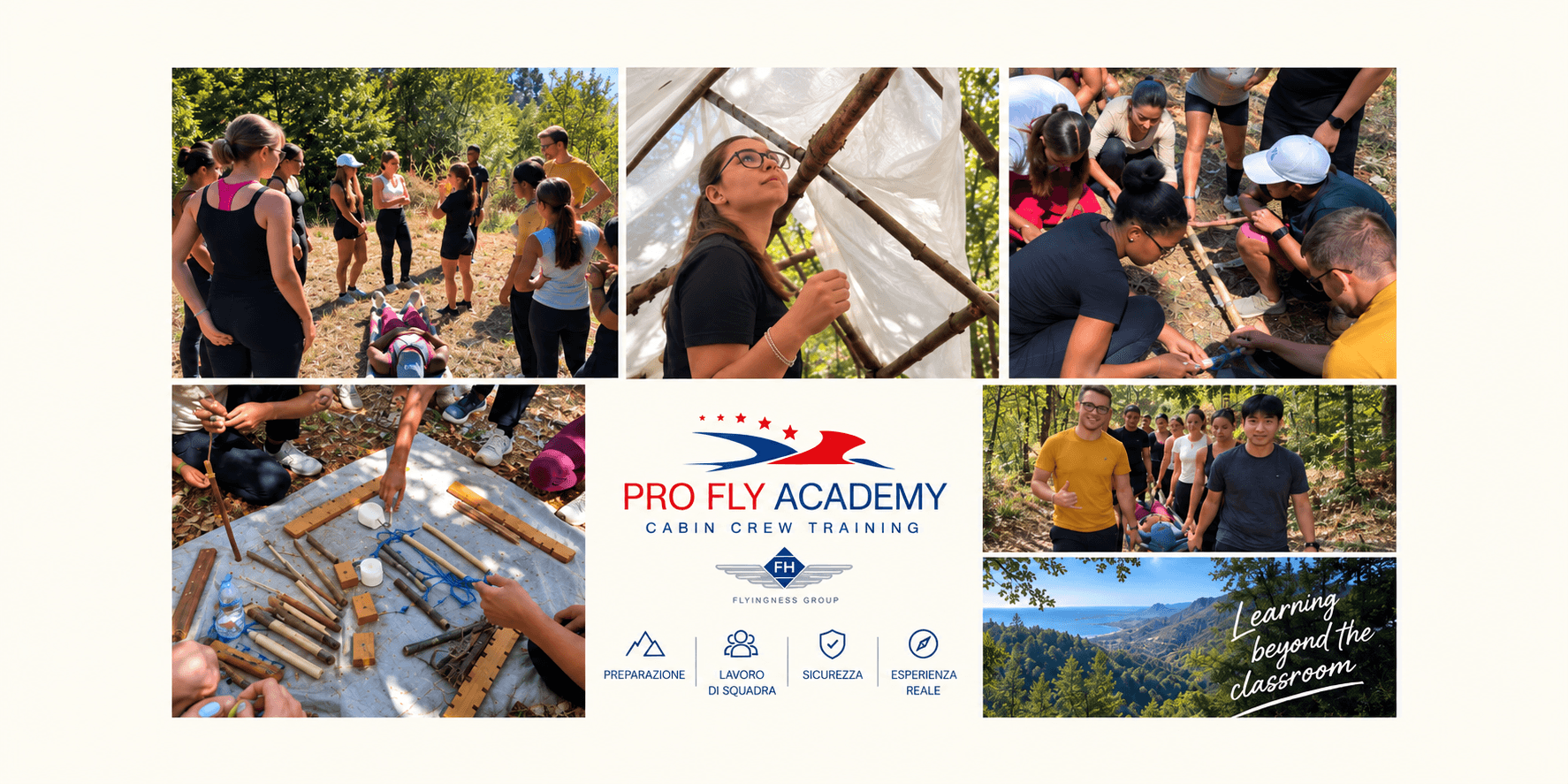 Studenti del corso per assistente di volo durante l'addestramento di sopravvivenza a terra di Pro Fly Academy